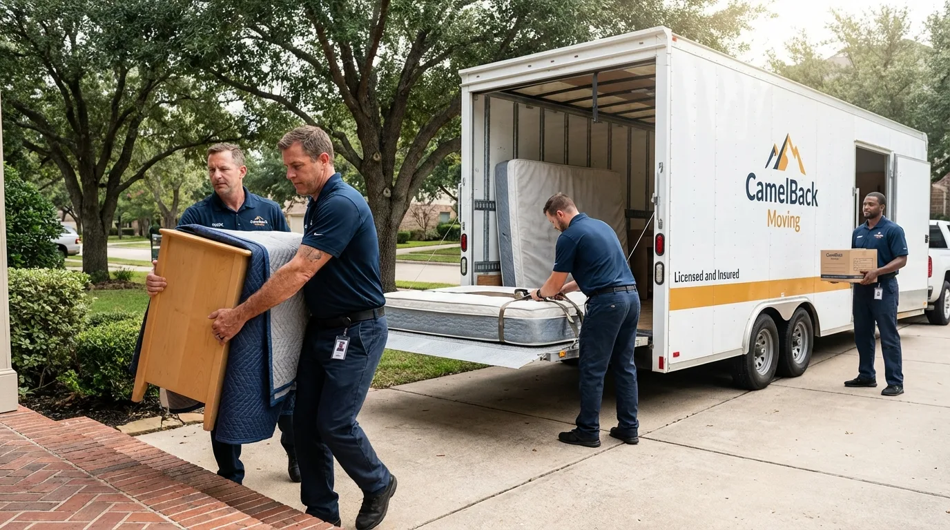 Crew loading residential truck for cross-state move from Lasara, TX