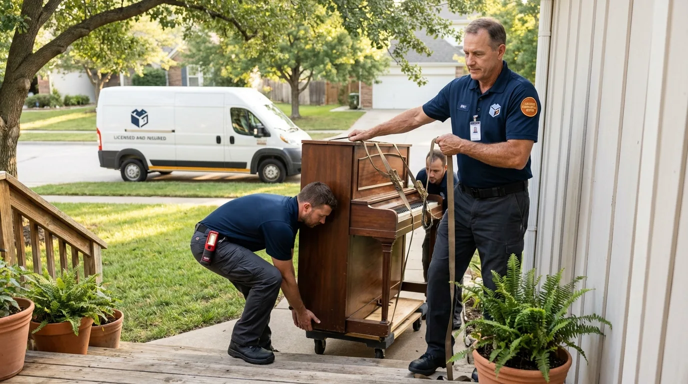 Licensed piano movers securing grand piano in Lasara, TX