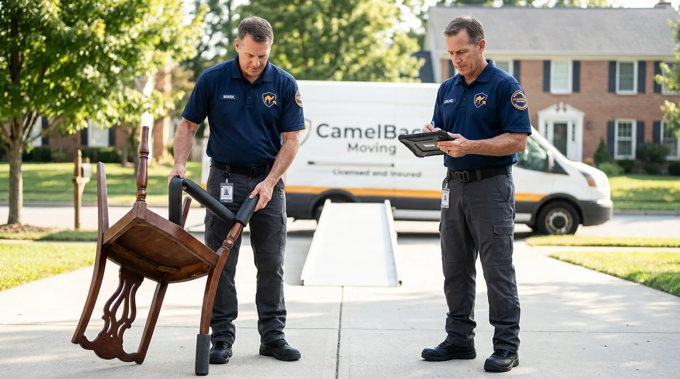 Movers inspecting furniture for damage prevention before loading in Lasara, TX