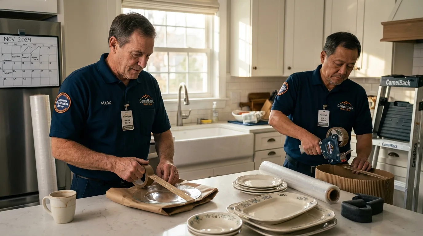 Professional crew packing kitchen dishware in Lasara, TX